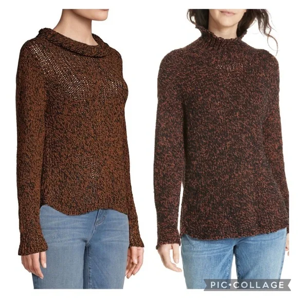 NWOT Eileen Fisher Marled Organic Cotton Blend Funnel-neck Sweater In Nutmeg - Picture 2 of 11
